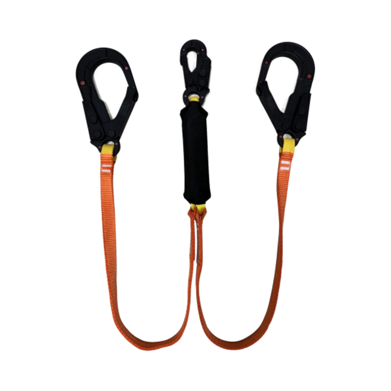 KA-L16 Dielektrik Twin Lanyard Dengan Shock Absorber, Dua Kait Besar Terisolasi, Satu Kait Kecil Terisolasi, Anyaman Poliester Dek Ganda, Penangkap Jatuh